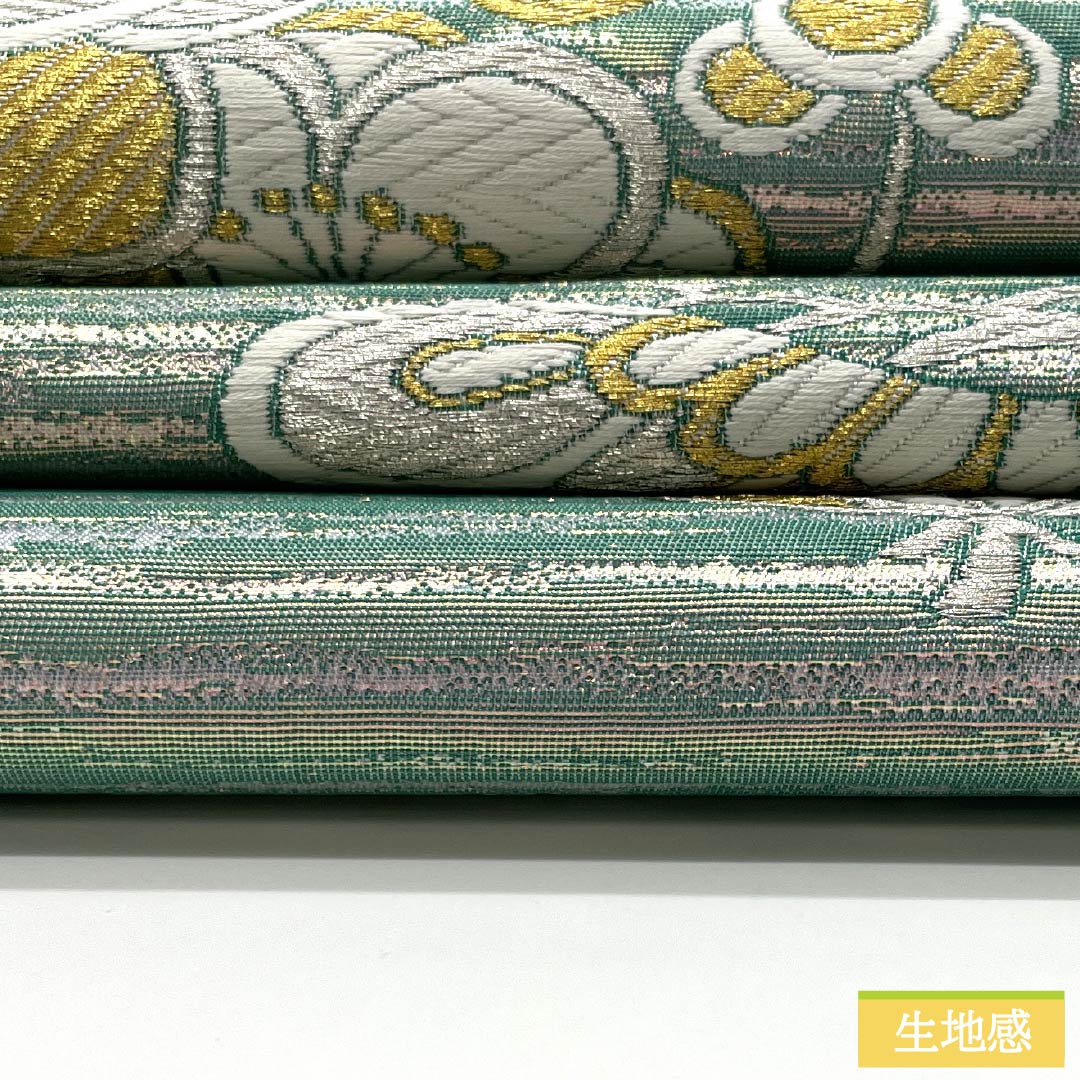 Fukuro Obi (Sash) made of pure silk, in flower green and blue (hanarokushoiro), for long-sleeved kimono and tomesode, with pine, bamboo and plum motifs, obi length 438cm, S rank, six-pass, formal, green, 1123013722319