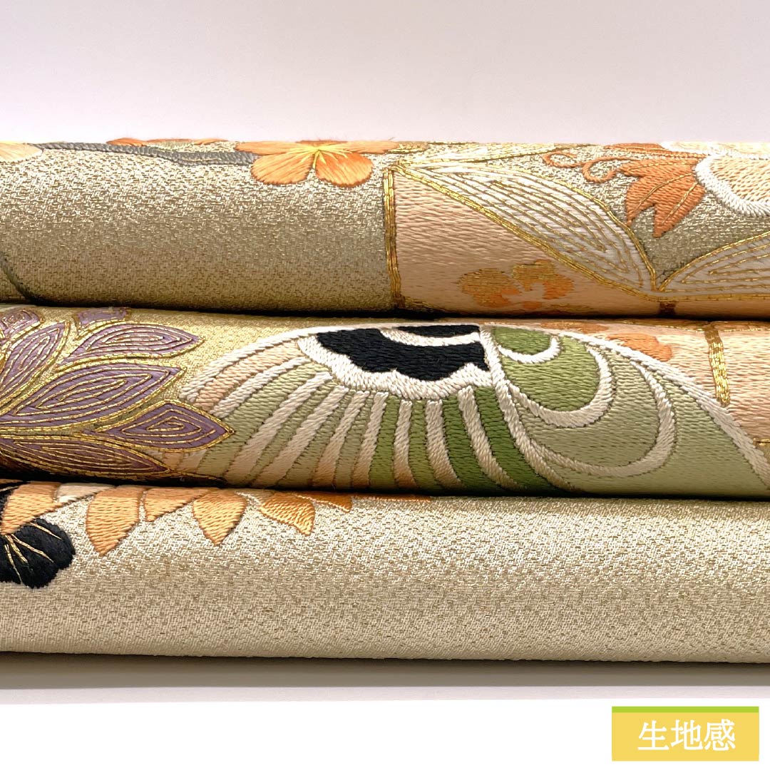 (Maru obi) Fukuro obi, pure silk, Torinoko color, Maru obi, antique, embroidery, obi length 410cm, A rank, point pattern, formal, beige, 1123013863325