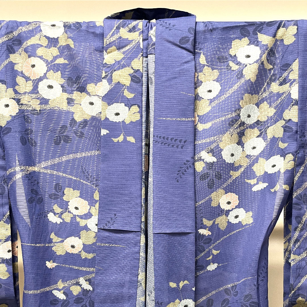 夏物 ポリエステル 小紋 身丈164cm 裄丈64cm 紺藤色(こんふじいろ) 菊 萩 洗える着物 絽 Sランク 青系 1132001742417