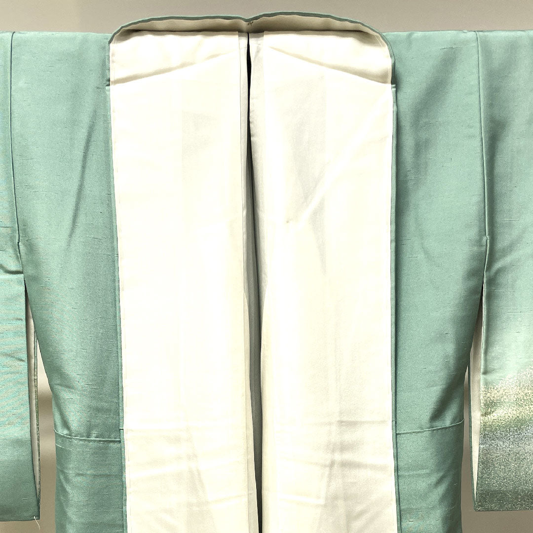 Homongi, pure silk, lined, length 161cm, sleeve length 62.5cm, bean blue, Ushiku Tsumugi, abstract pattern, A rank, green, 1112003263419
