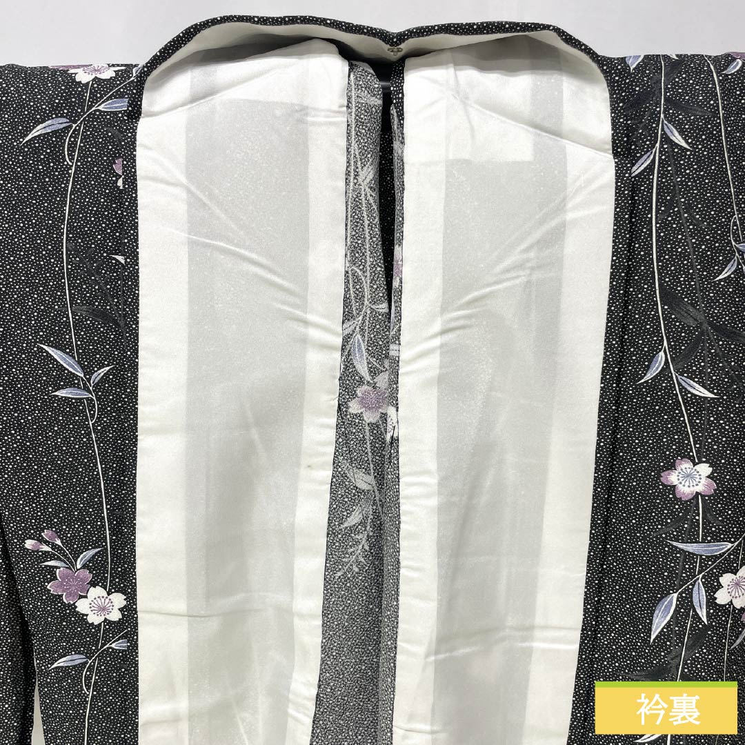 小紋 ポリエステル Sランク 身丈168cm 裄丈68.5cm 単衣 型染 桜 水玉 洗える着物 黒系 1115008002510