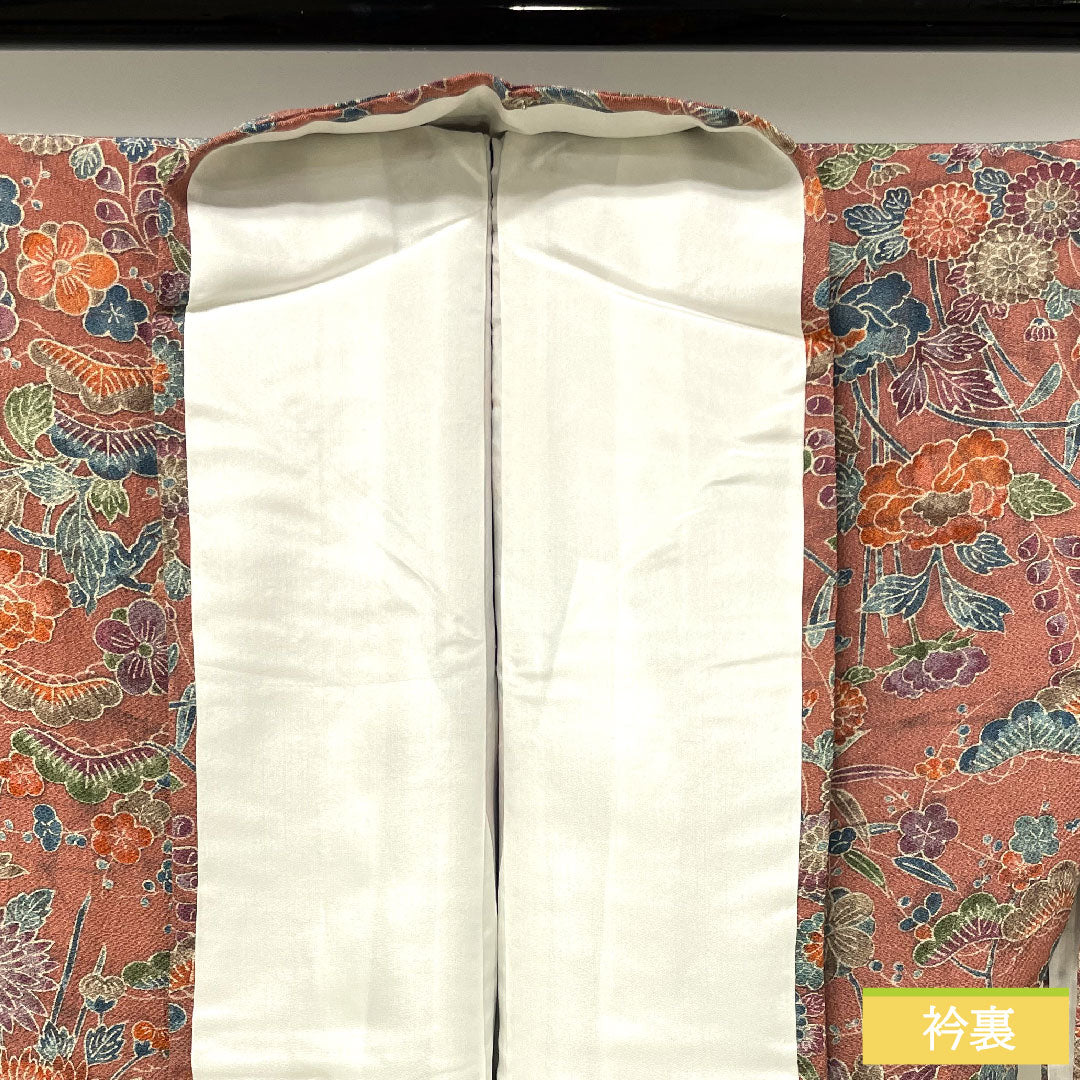 小紋 正絹 身丈160cm 裄丈65cm 袷 浅蘇芳色(あさきすおういろ) 草花模様 Sランク ピンク系 1115004102413