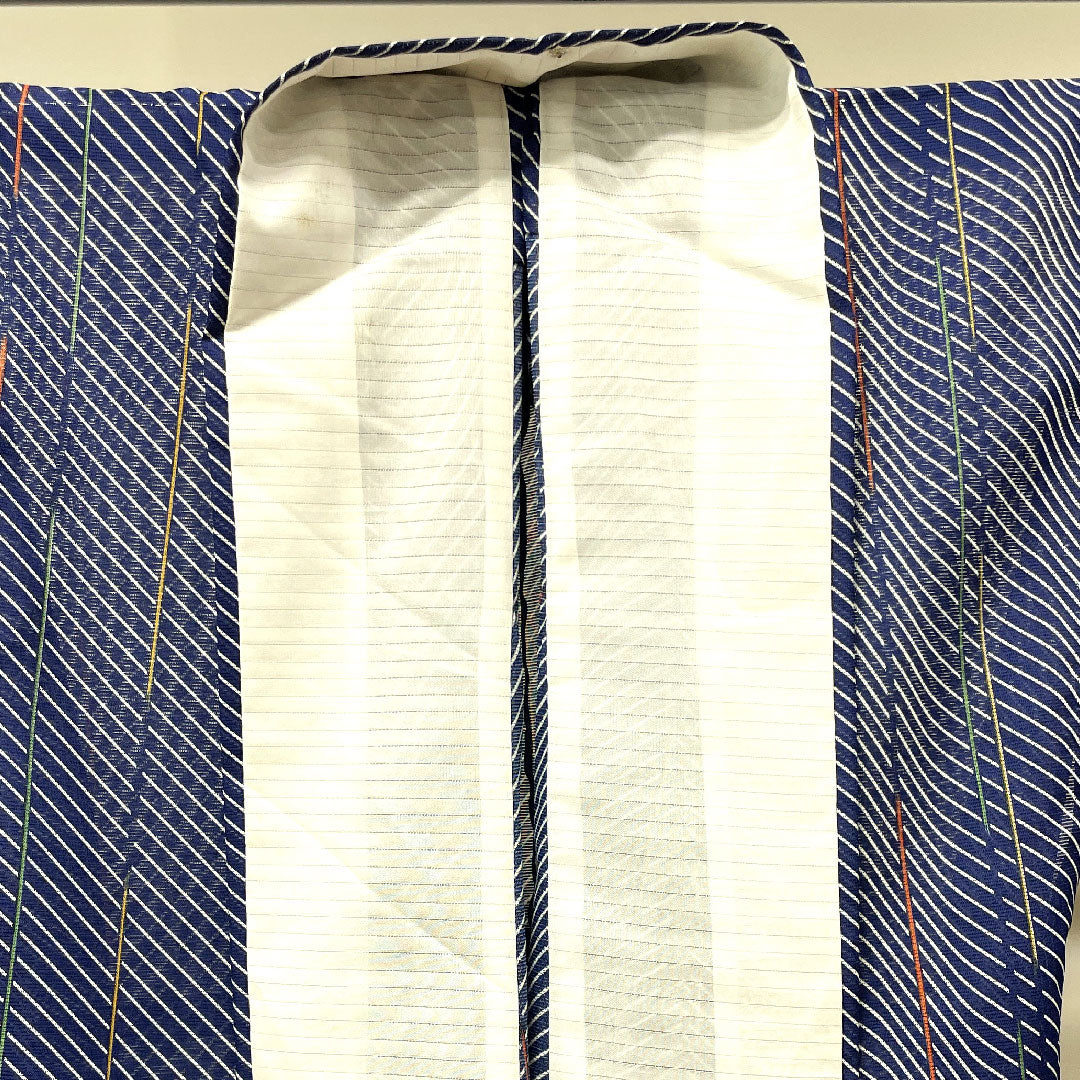 夏物 ポリエステル 小紋 身丈170.5cm 裄丈65cm 紺桔梗色(こんききょういろ) 幾何学模様 洗える着物 しつけ糸付き 絽 Sランク 紺系 1132001552618