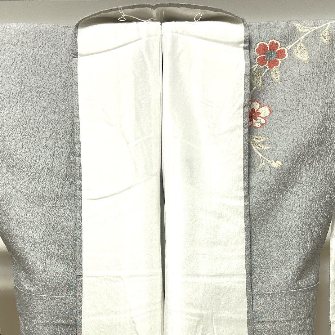 Homongi, pure silk, lined, length 166cm, sleeve length 66cm, mercury color, Kyo-Yuzen, Tsujigahana, S rank, gray, 1112003062522