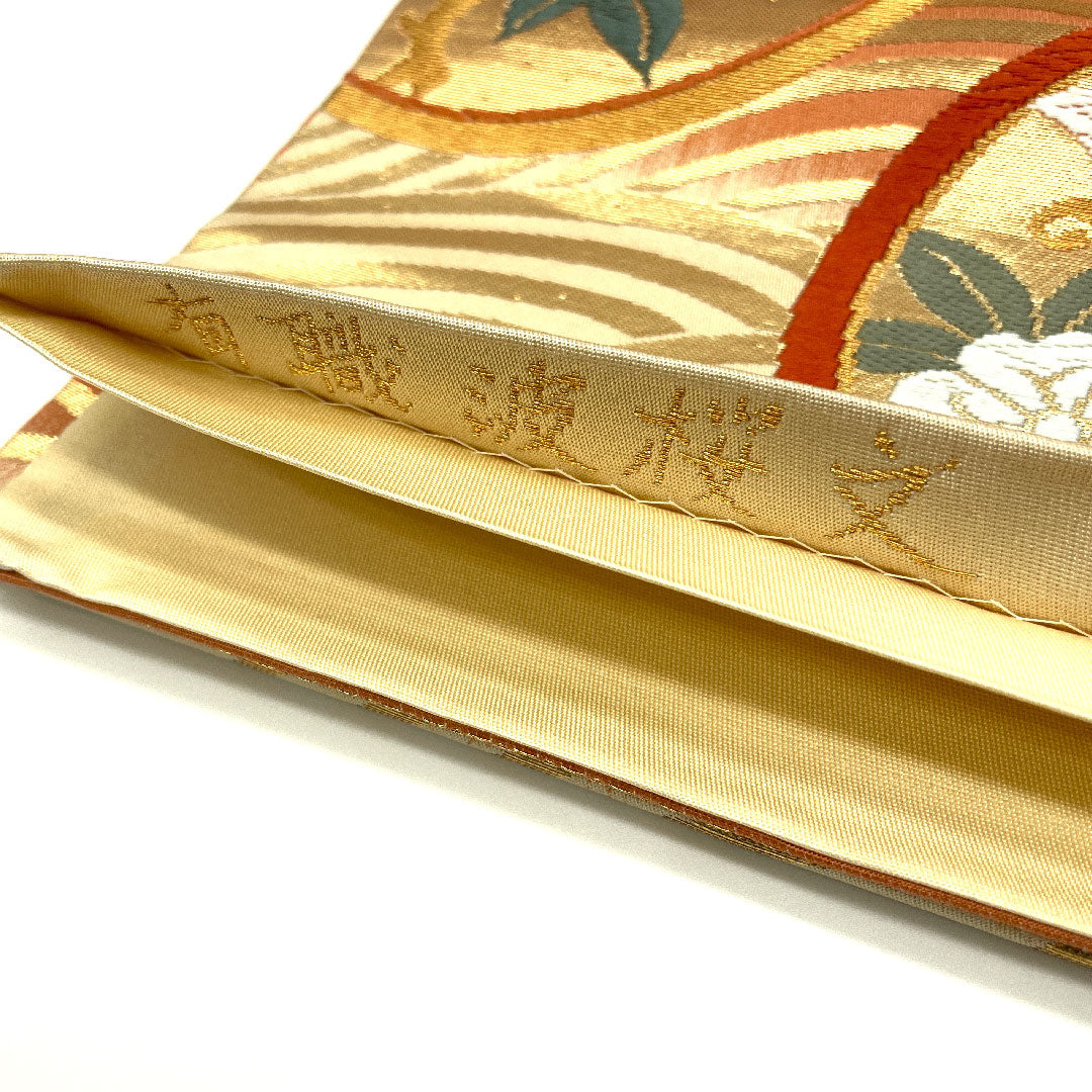 袋帯 蝶 波模様 草花模様 有職波桜文 帯丈428cm 正絹 Aランク 六通 フォーマル 金系 1123004363321