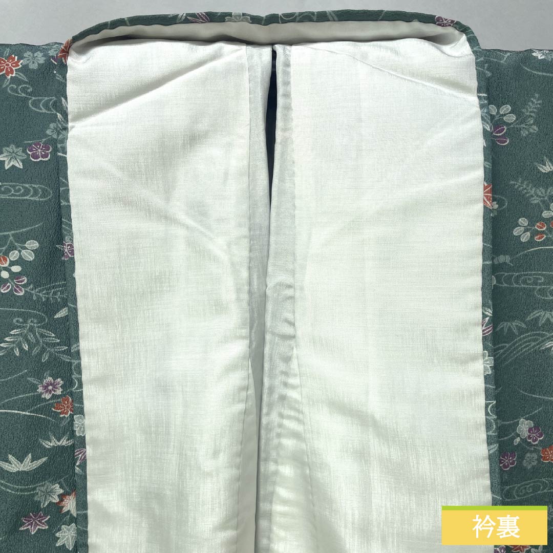 小紋 ポリエステル 身丈158.5cm 裄丈63cm 袷 山藍摺色(やまあいずりいろ) 洗える着物 草木模様 Aランク 緑系 1115005143319