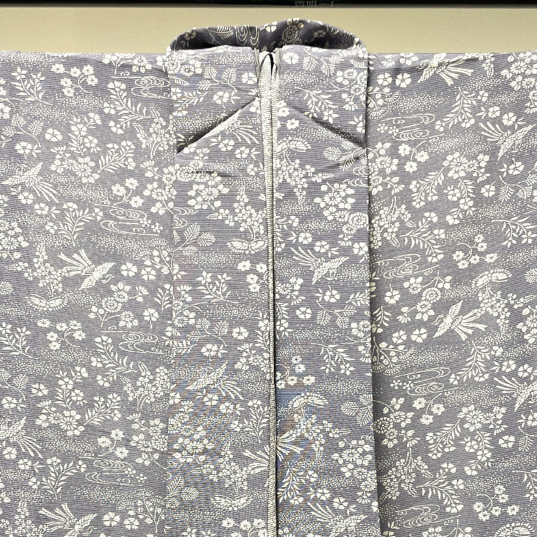 夏物 正絹 小紋 身丈155.5cm 裄丈64cm 相思鼠色(そうしねずいろ) 吉祥文様 鳳凰 菊 絽 Sランク グレー系 1132001832322