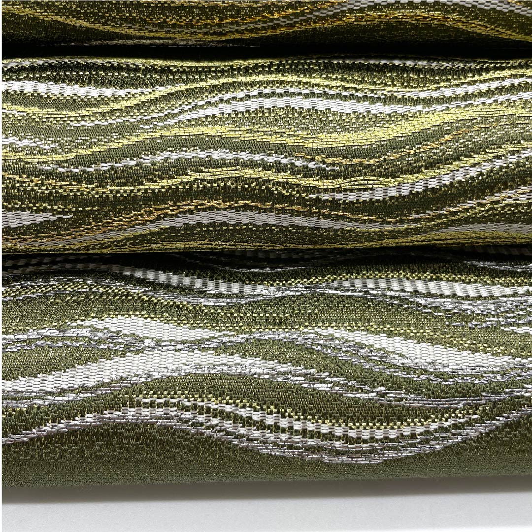Fukuro Obi (Japanese sash) in pine-nezu color, with horizontal waves, 420cm long, pure silk, S rank, six-pass, semi-formal, green, 1123005822319