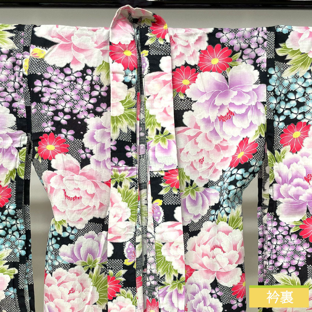 Yukata Cotton Length 138.5cm Sleeve length 61.5cm S rank Single layer Black Peony Hydrangea Butterfly Checkered 1118005122110
