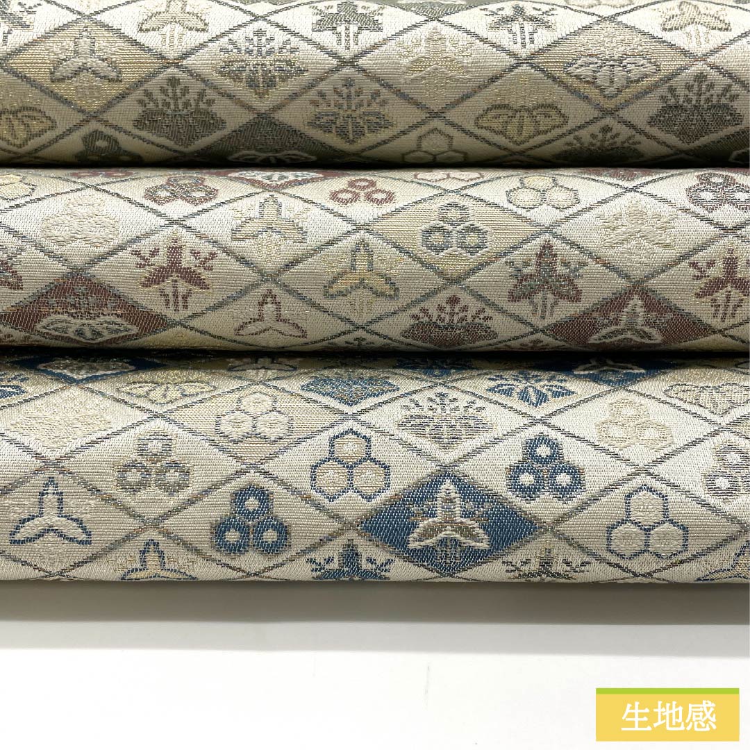 Kyoto Fukuro Obi (sash) made of pure silk, ivory, Nishijin-ori weave, featuring a diamond pattern and crest, length 396cm, A-rank, six-fold, semi-formal, cream-colored, product number 1123012703315