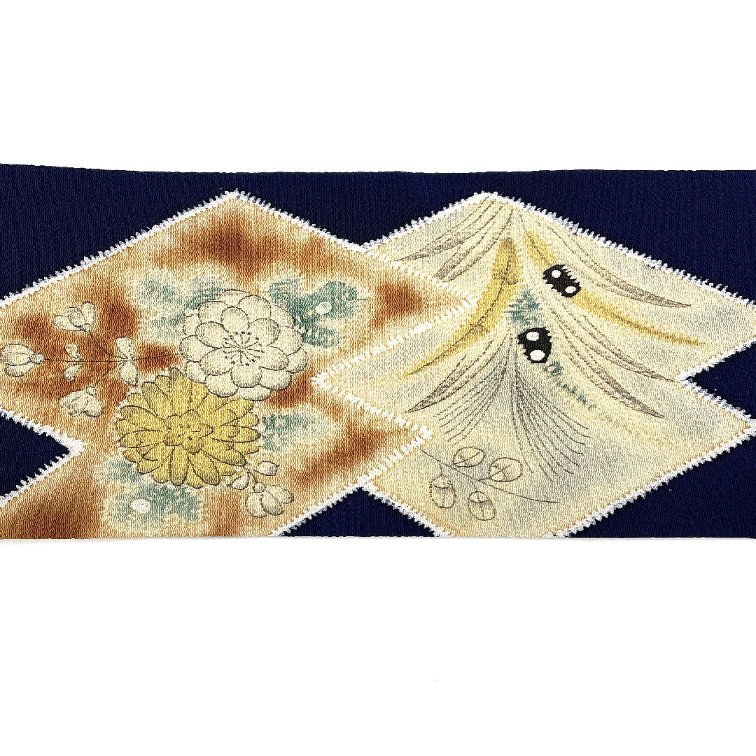 名古屋帯 松皮菱 花模様 染帯 縮緬帯丈380.5cm 正絹 Aランク ポイント柄 カジュアル 紺系 1124001583318 名古屋仕立て