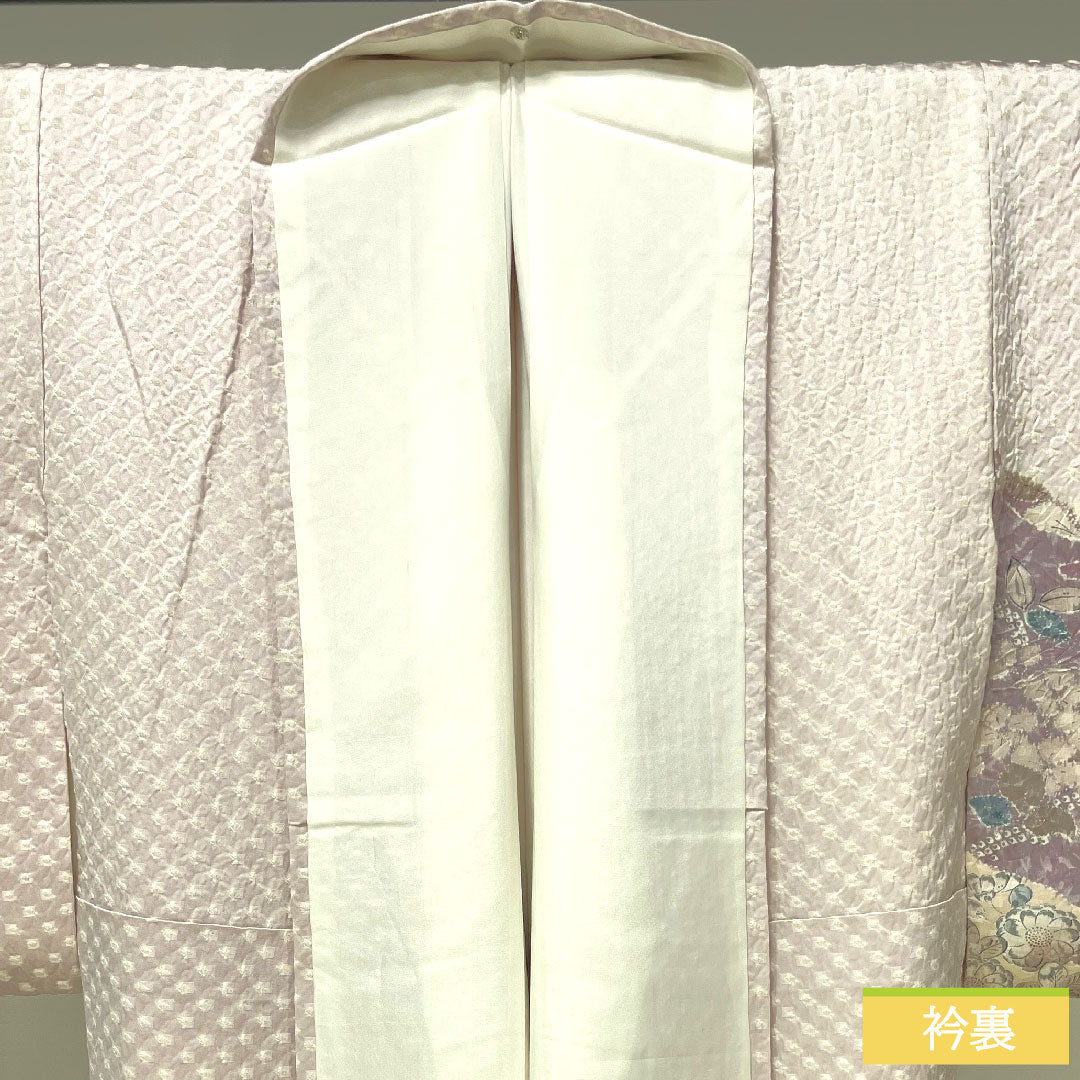 Homongi, pure silk, lined, length 159.5cm, sleeve length 63cm, cherry blossom color, tie-dye, Tsujigahana, A rank, purple, 1112004113320