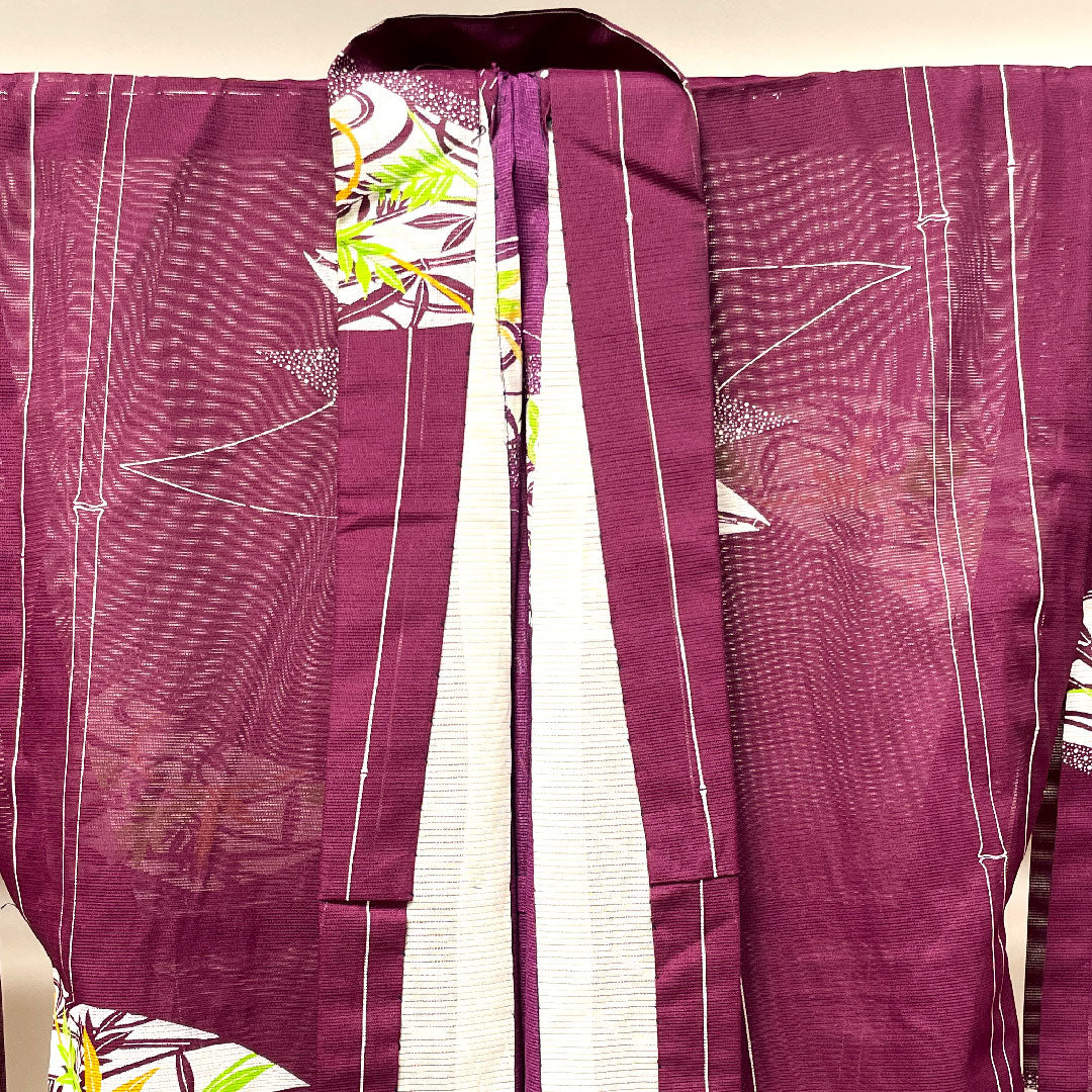 Summer kimono, polyester, small pattern, length 160.5cm, sleeve length 64cm, tsubosumireiro (purple), bamboo, fan surface, washable kimono, silk, S rank, purple, 1132001422420