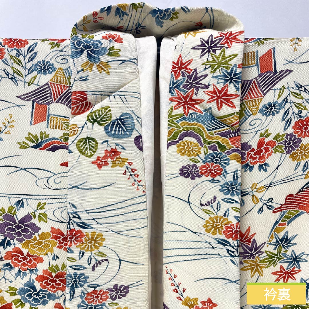 Komon, pure silk, length 158.5cm, sleeve length 64cm, lined, Neriiro (Neri-iro), stencil dyeing, Bingata style, Chayatsuji, A rank, cream color, 1115005103315