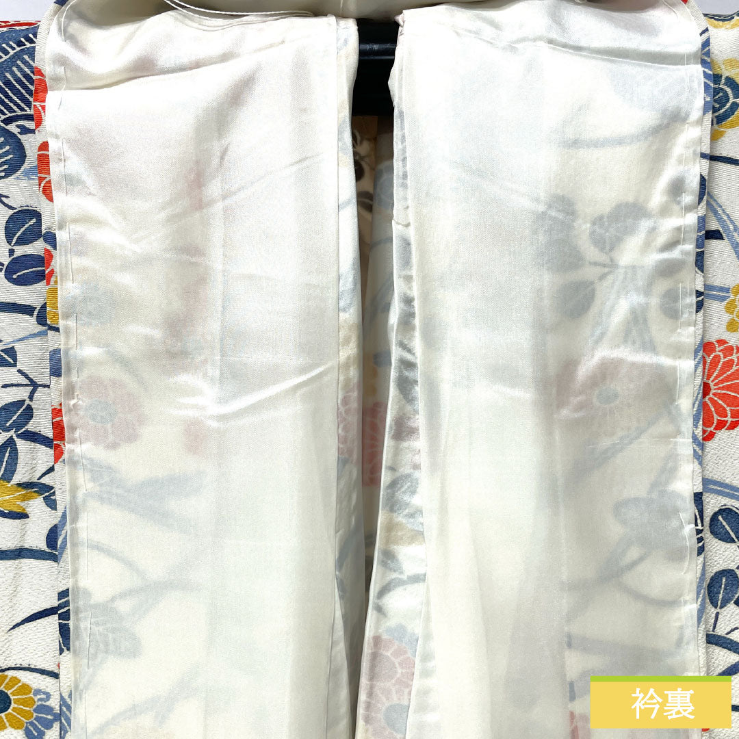 小紋 正絹 Sランク 身丈161cm 裄丈63cm 袷 京紅型 菊 萩 松 しつけ糸付き 白系 1115007602411