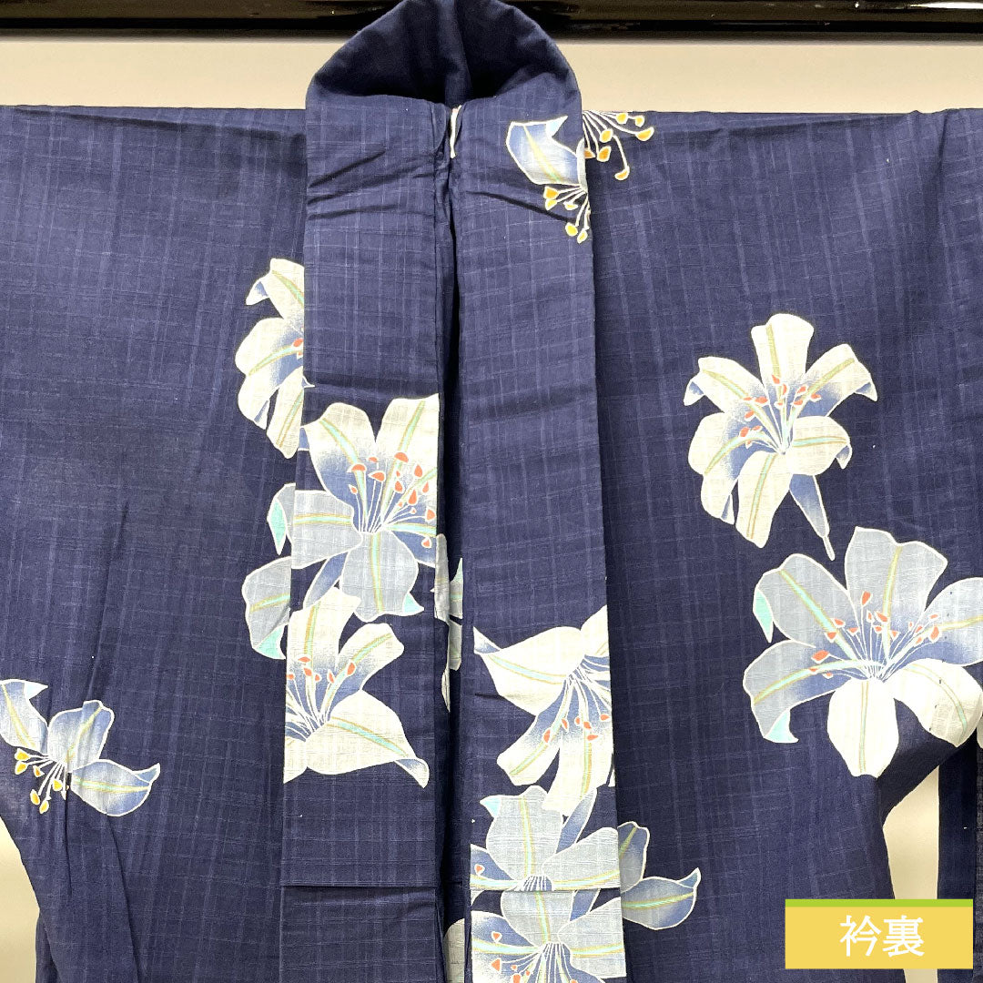 浴衣 木綿 身丈166cm 裄丈64.5cm Sランク 単衣 紺系 燻色(ふすべいろ) カサブランカ 1118005142518
