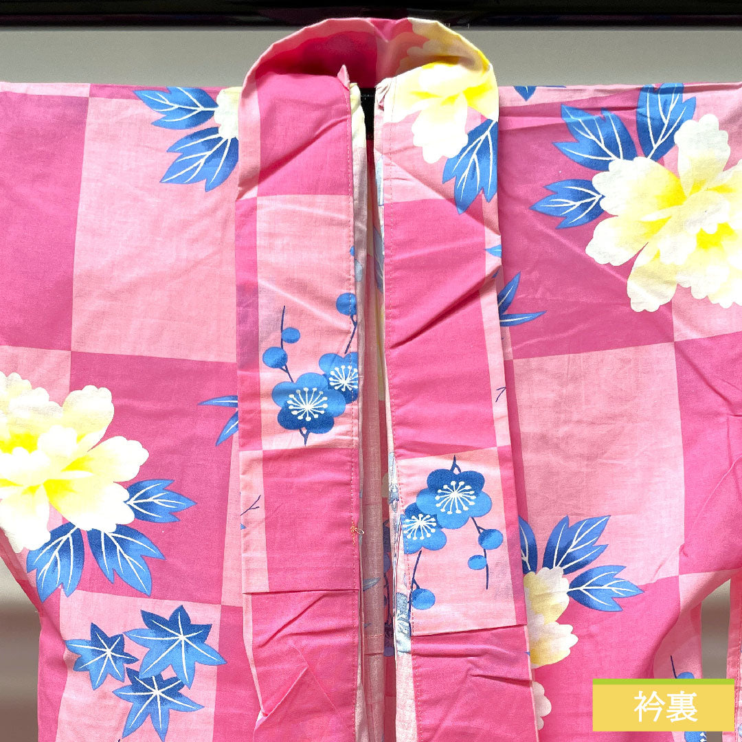 浴衣 木綿 身丈165.5cm 裄丈66cm Sランク 単衣 ピンク系 市松 牡丹 梅 紅葉 1118004652513