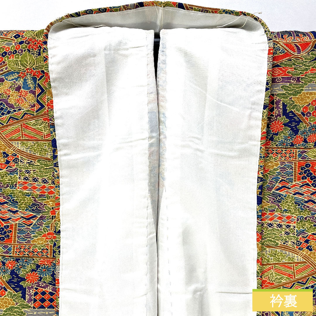 小紋 ポリエステル 身丈160cm 裄丈63.5cm 袷 紺藍色(こんあいいろ) 洗える着物 吉祥文様 Sランク 紺系 1115004612418