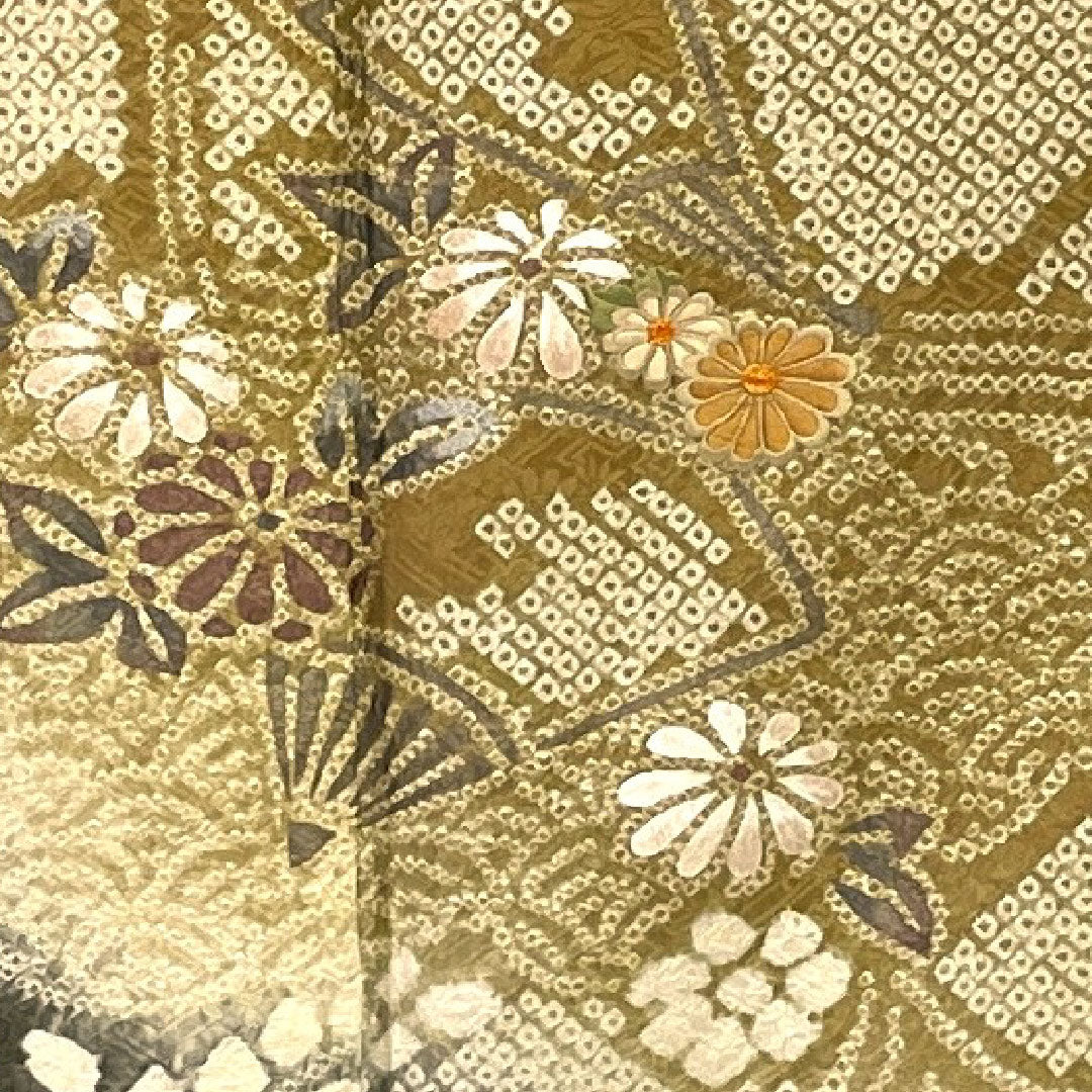 Homongi, lined, length 167cm, sleeve length 69cm, all-over tie-dye, embroidery, auspicious motif, pure silk, S rank, yellow, 1112000562523