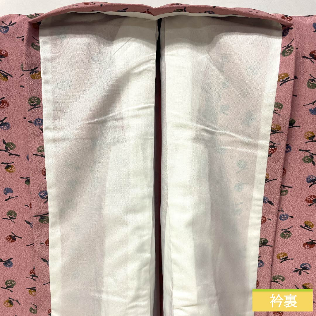 Small pattern, polyester, length 160cm, sleeve length 67cm, lined, one-kin dyeing, stencil dyeing, washable kimono, fruit, with basting thread, S rank, pink, 1115005022413