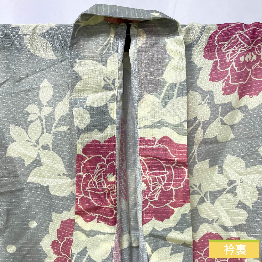 (Brand new, unused) Yukata (casual kimono) made of polyester, length 162.5cm, sleeve length 66.5cm, new rank, single layer, grayish-gray, light ink color (usuzumiiro), floral print, buttons, product number 1118005701422