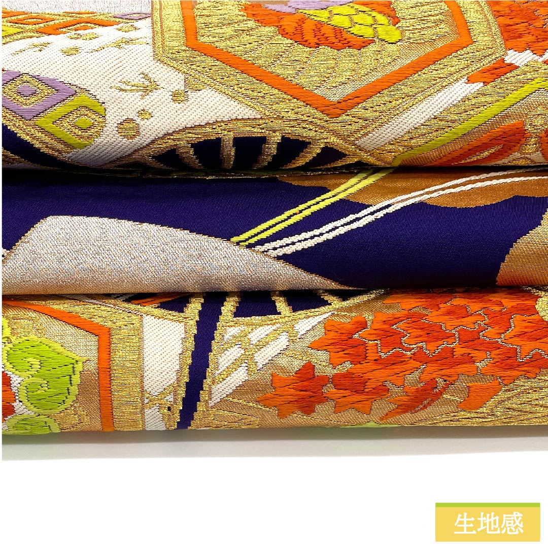 Fukuro Obi, pure silk, blue-purple, fan-shaped, tortoiseshell, chrysanthemum, diamond, obi length 422cm, S rank, six-pass, formal, purple, 1123011782320