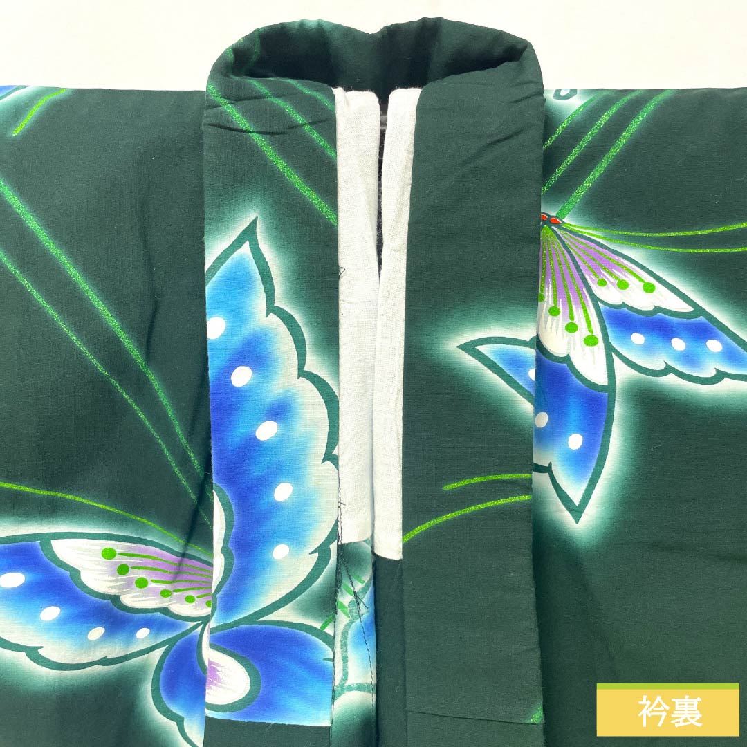 浴衣 木綿 身丈144cm 裄丈65cm Sランク 単衣 緑系 深緑色(ふかきみどりいろ) 蝶 1118005332119