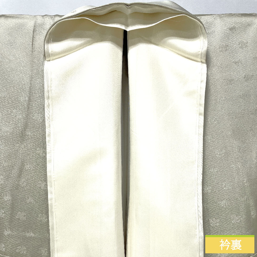 Colored Tomesode, pure silk, length 165.5cm, sleeve length 68cm, lined, Unohanairo (color of Unohana), Kyoto Yuzen, treasure design, pine, bamboo, plum, tachibana, three crests, sword and flower diamond, A rank, gray, 1111001593522