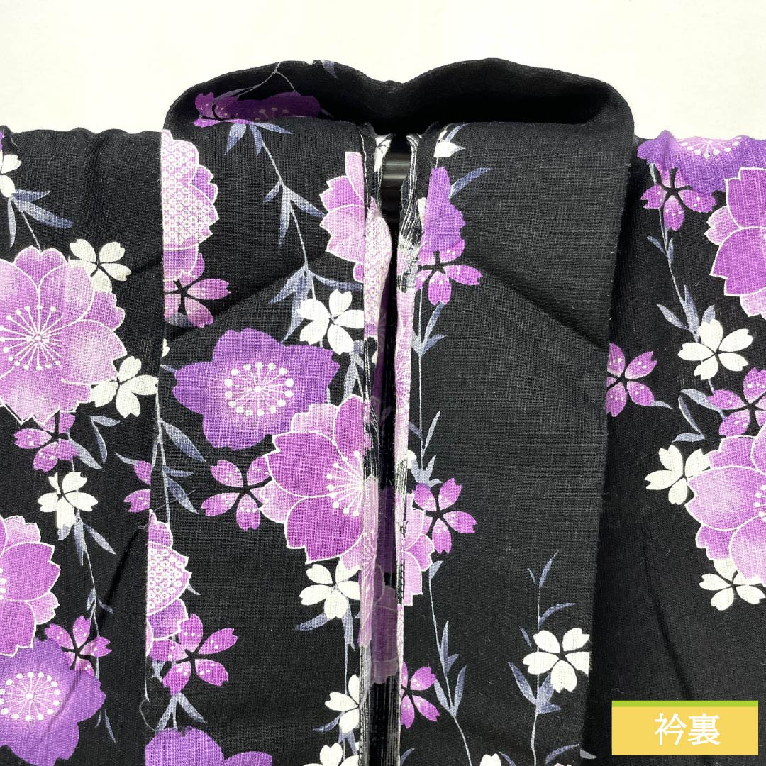 Cotton-linen Yukata, Length 165cm, Sleeve Length 69cm, Rank A, Single-Layer, Black, Weeping Cherry Blossom Pattern, Cotton-linen, 1118006043510