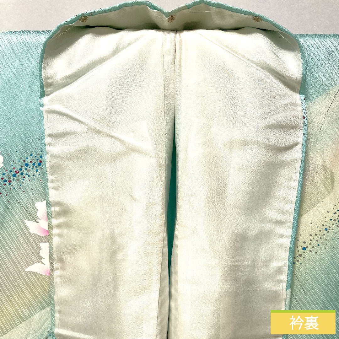 Komon, pure silk, length 157cm, sleeve length 63cm, lined, abstract flower, silver glaze finish, S rank, light blue, 1115004902324