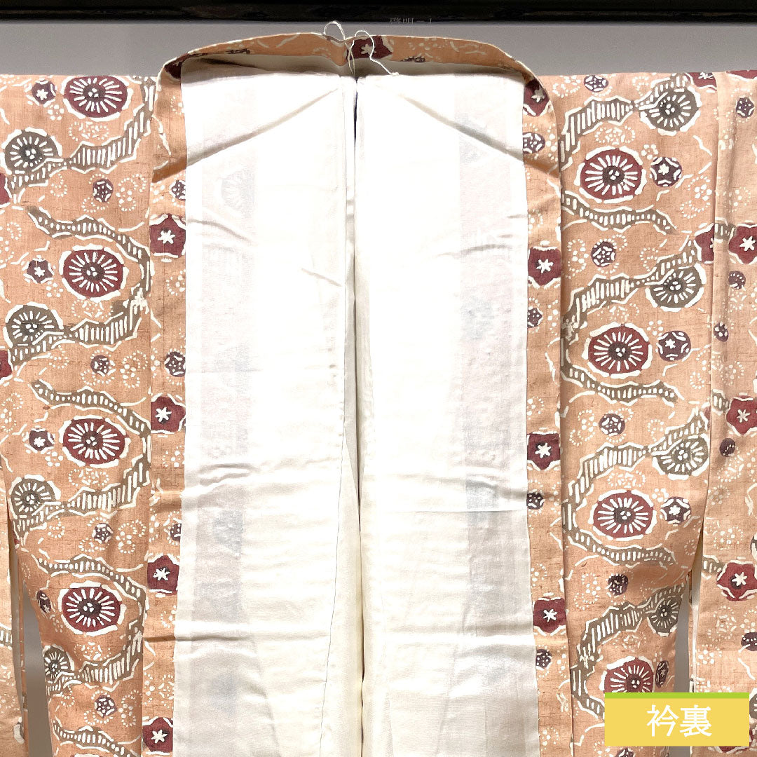 Komon, pure silk, length 160cm, sleeve length 66cm, lined, maiden color, pongee fabric, Kyoto Bingata, abstract pattern, S rank, pink, 1115003532413