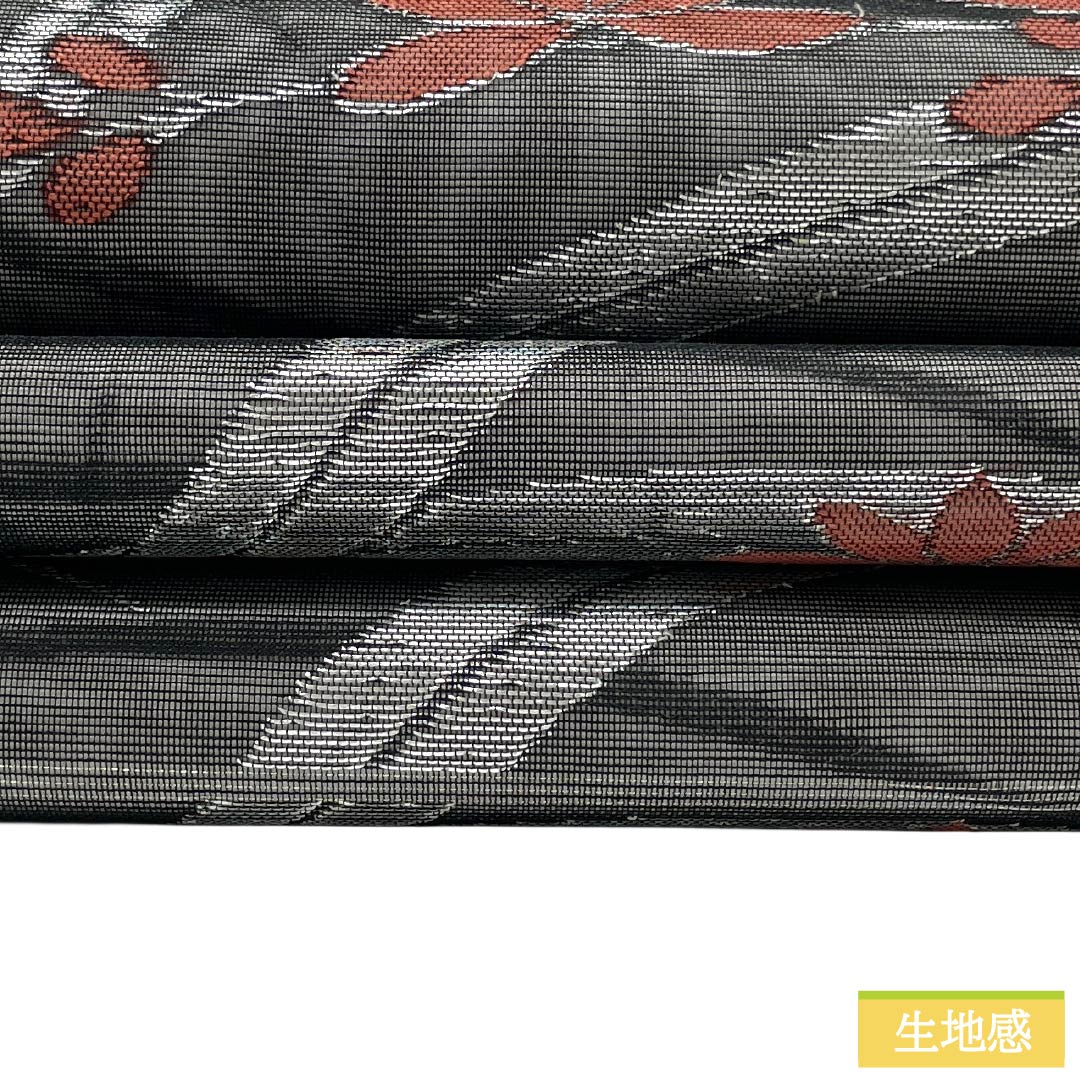 名古屋帯 正絹 Aランク 開き仕立て 黒色(くろいろ) 夏帯 草花模様 帯丈353cm 六通 セミフォーマル 黒系 1124012933310