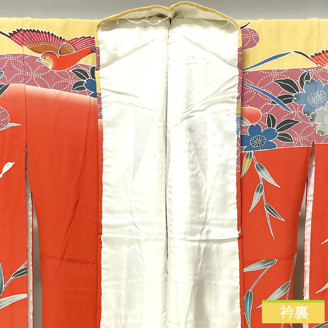 Furisode, pure silk, length 157.5cm, sleeve length 66.5cm, lined, scarlet, Kyoto Bingata, auspicious motif, mandarin ducks, S rank, red, 1113002092312