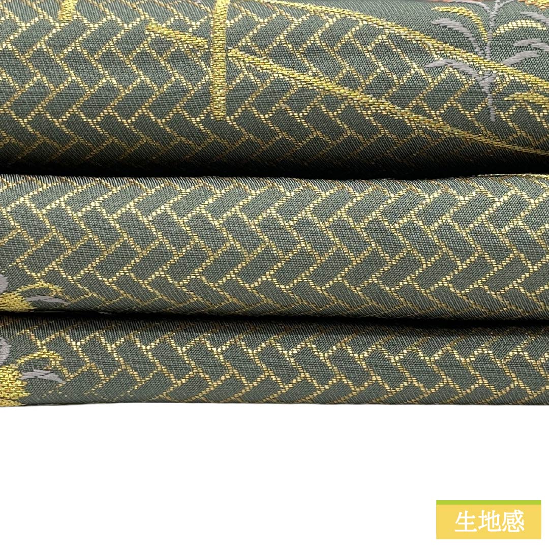 袋帯 正絹 Sランク 利休鼠色(りきゅうねずみいろ) 西陣織 垣根 草花 帯丈428cm 六通 セミフォーマル 緑系 1123017662319