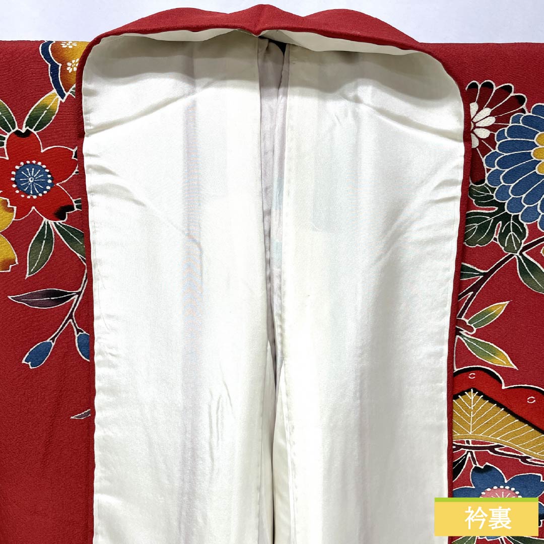 振袖 正絹 Sランク 身丈162cm 裄丈67.5cm 袷 柘榴色(ざくろいろ) 京紅型 吉祥文様 蝶 パールトーン加工 赤系 1113002392412