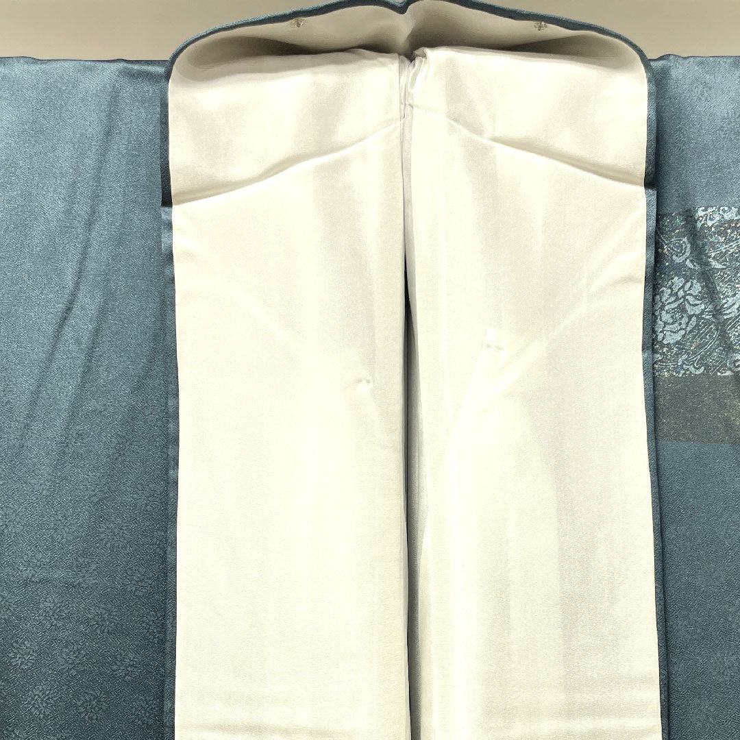 訪問着 袷 身丈154.5cm 裄丈66cm 錆納戸色 金彩加工 扇面 吉祥文様 正絹 Sランク 青系 1112002682217