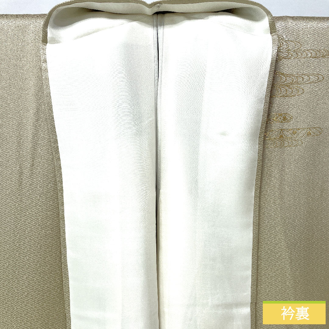 Homongi, pure silk, lined, length 161cm, sleeve length 61cm, white oak color, Kyoto Yuzen, auspicious pattern, A rank, gray, 1112005913422