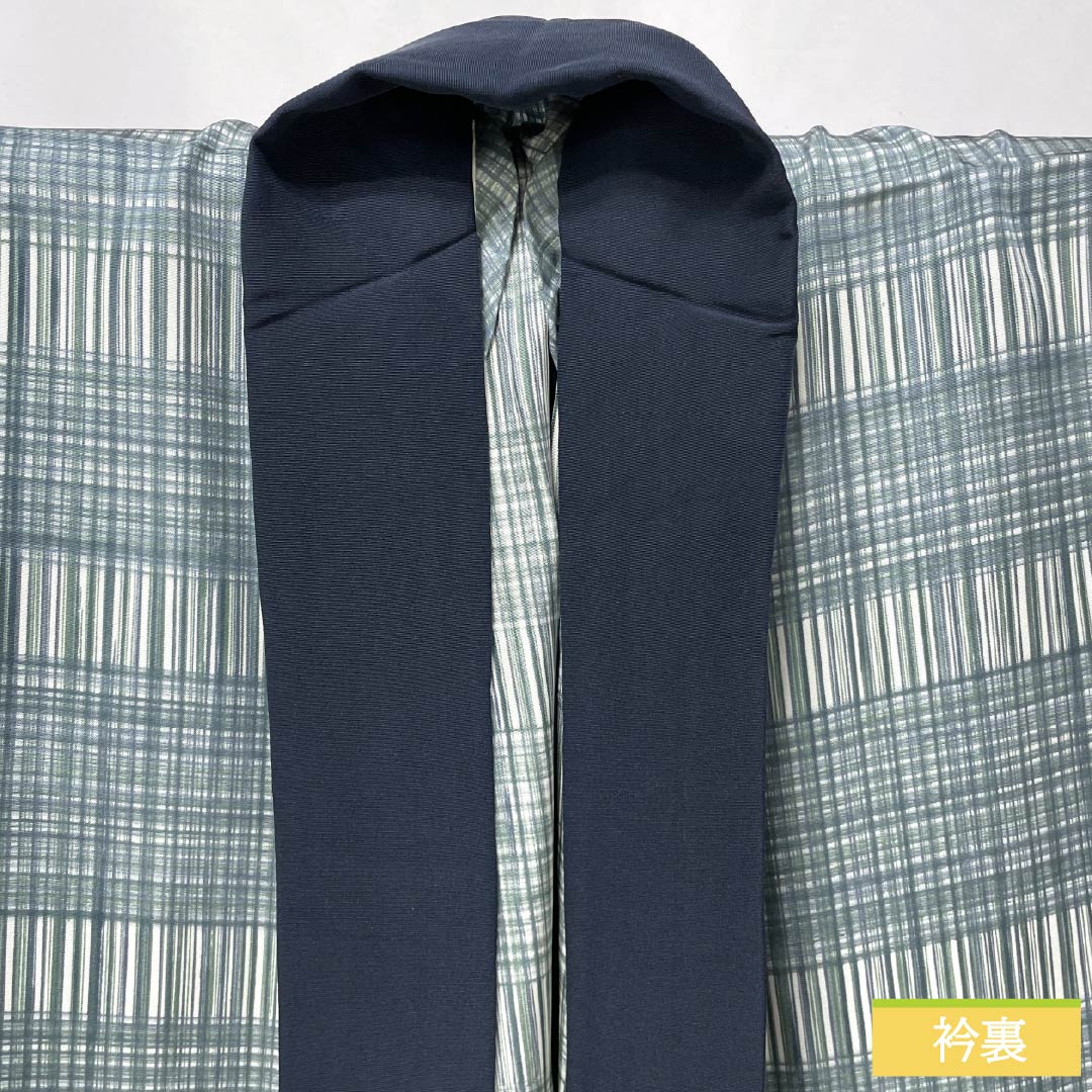 Men's Nagajuban (long under-kimono), pure silk, S-rank, length 151cm, sleeve length 69cm, indigo brown (aito-chairo) check pattern, single layer, light blue, 1140000632524