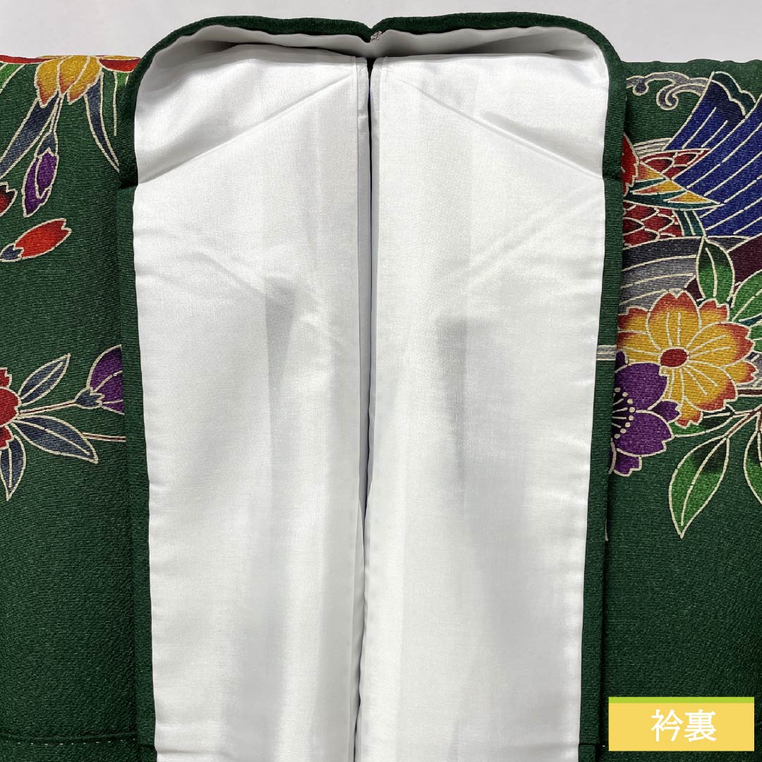 振袖 正絹 Sランク 身丈168.5cm 裄丈68cm 袷 天鵞絨色(びろうどいろ) 京紅型 吉祥文様 桜 おしどり 藤 緑系 1113002292519