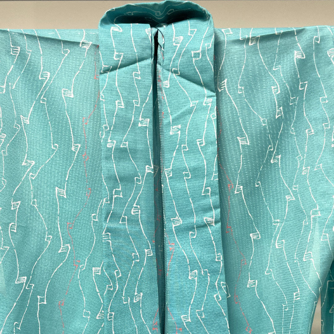 Summer kimono, polyester, small pattern, length 137cm, sleeve length 62cm, light blue, washable kimono, geometric pattern, with basting thread, silk, S rank, light blue, 1132001342124