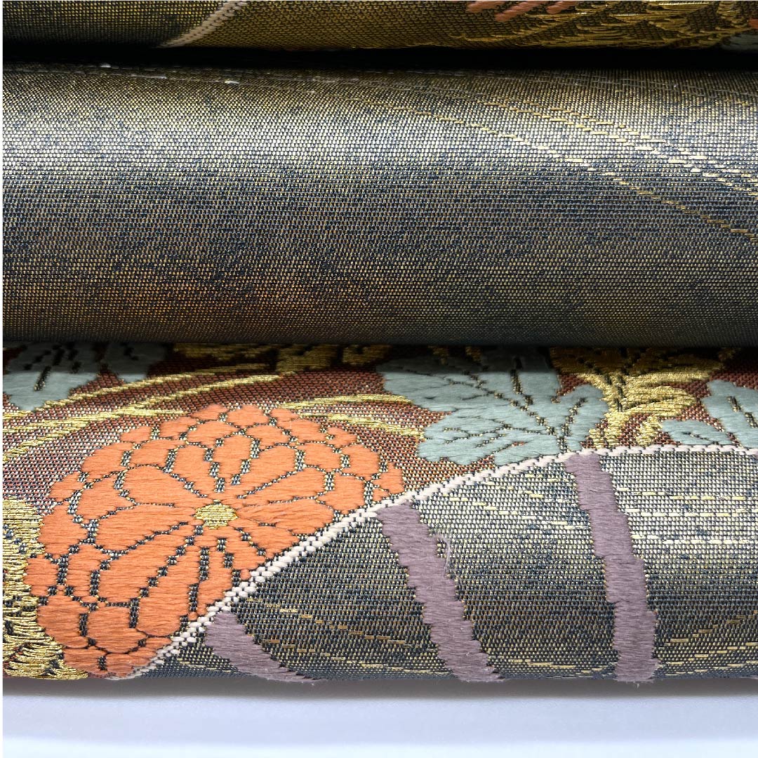 【未仕立】袋帯 正絹 Sランク 金色 扇面 花模様 帯丈443cm 六通 フォーマル 金系 1123005932321