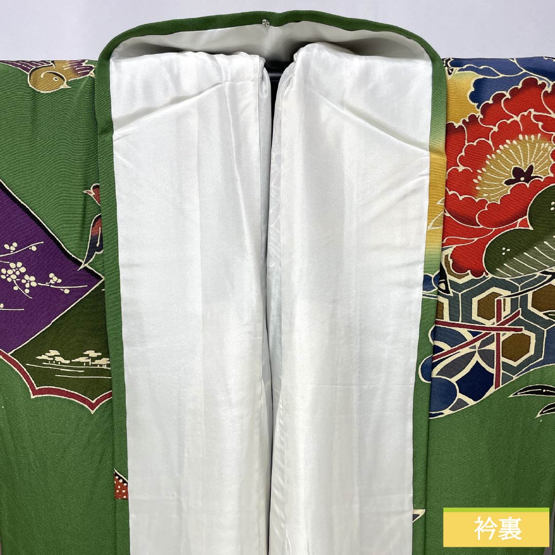 振袖 正絹 Aランク 身丈164.5cm 裄丈69cm 袷 松葉色(まつばいろ) 京紅型 吉祥文様 牡丹 菊 松 緑系 1113002363419