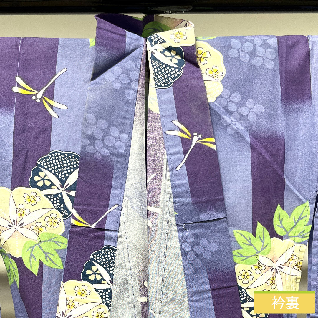 浴衣 木綿 身丈162.5cm 裄丈63.5cm Sランク 単衣 紫系 紅碧色(べにみどりいろ) とんぼ 朝顔 1118004762420