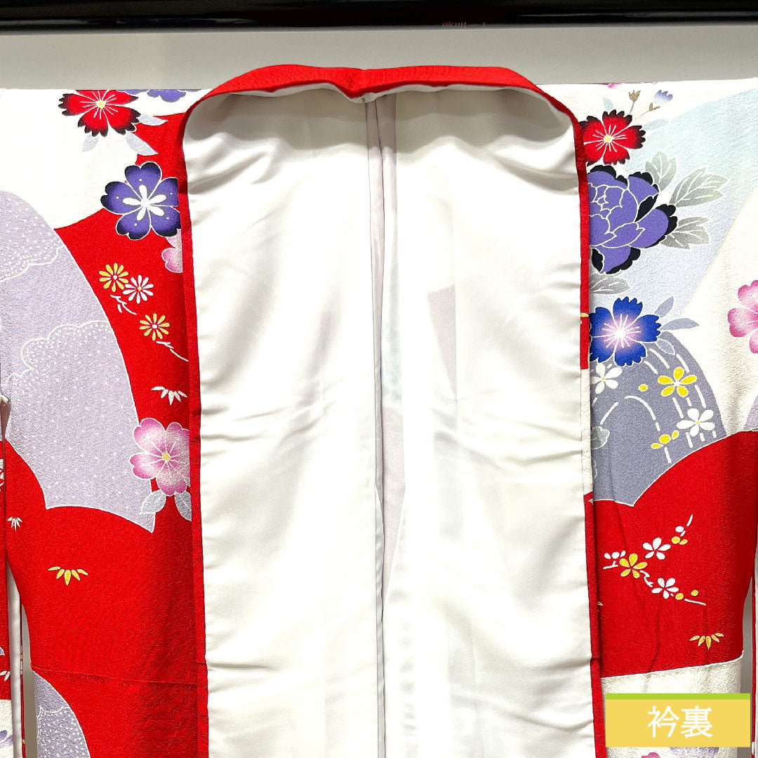 Furisode, pure silk, length 171cm, sleeve length 65cm, lined, Kyoto Yuzen, floral pattern, Seigaiha, mandarin ducks, S rank, gradation style, 1113001802699