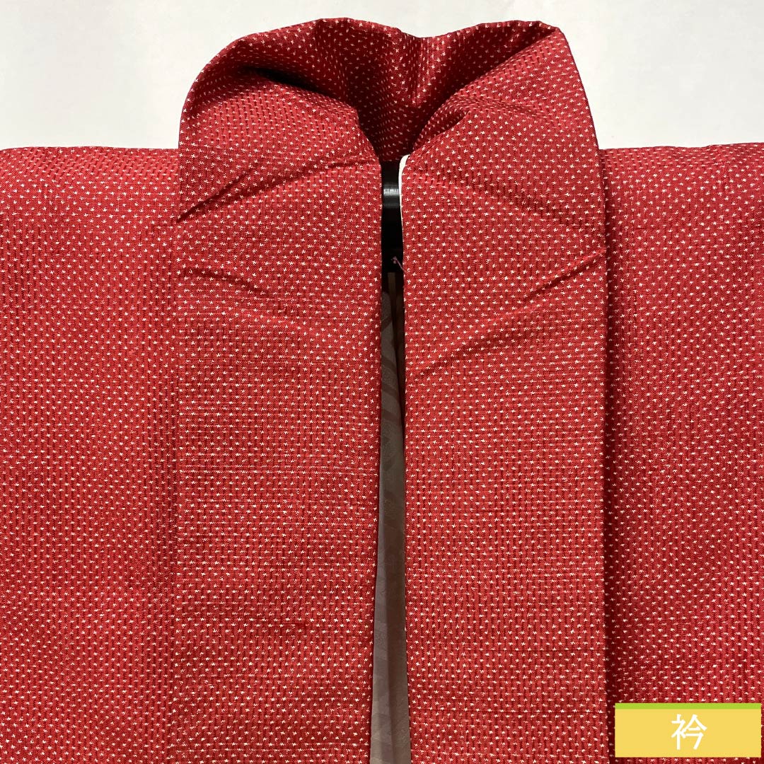 Haori (Japanese traditional kimono jacket) made of pure silk, grade A, length 79cm, sleeve length 63.5cm, madder red (akaneiro) color, kasuri pattern, tsumugi fabric, with haori cord, lined, red, 1117001283912