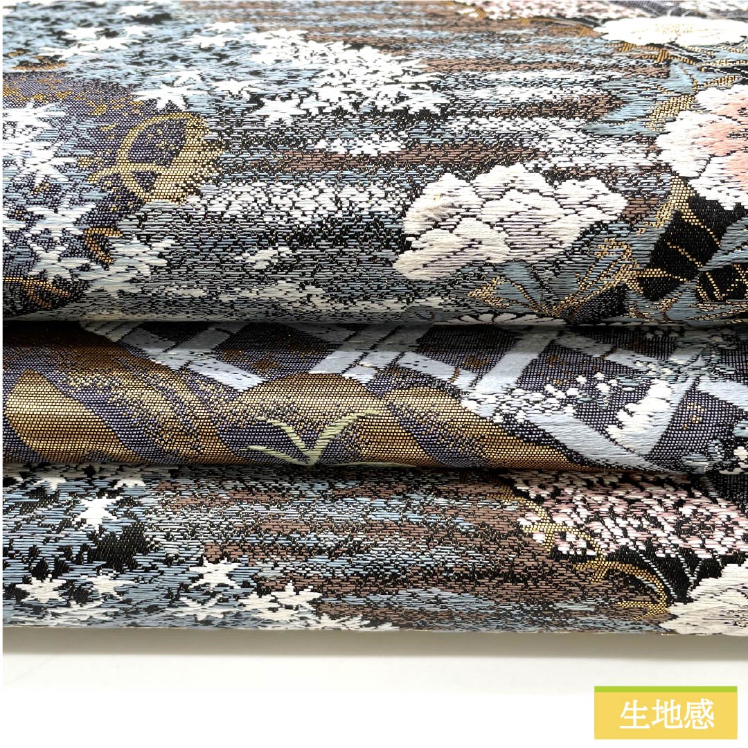 袋帯 正絹 黒色(くろいろ) 九百錦 高原有情 風景 花模様 帯丈426cm Sランク 六通 フォーマル 黒系 1123012042310