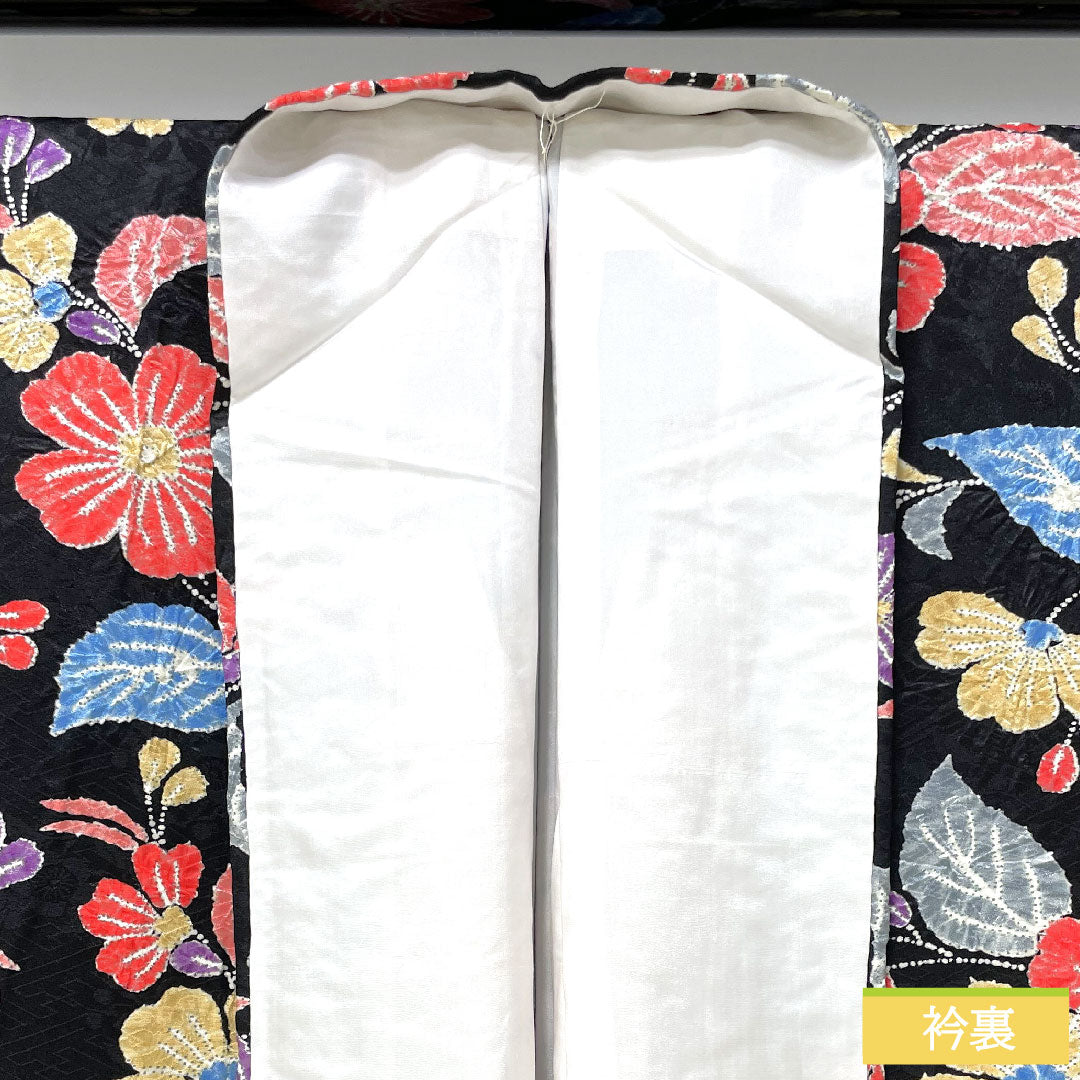 小紋 正絹 身丈165.5cm 裄丈67cm 袷 絞り 草花模様 Sランク 黒系 1115004472510