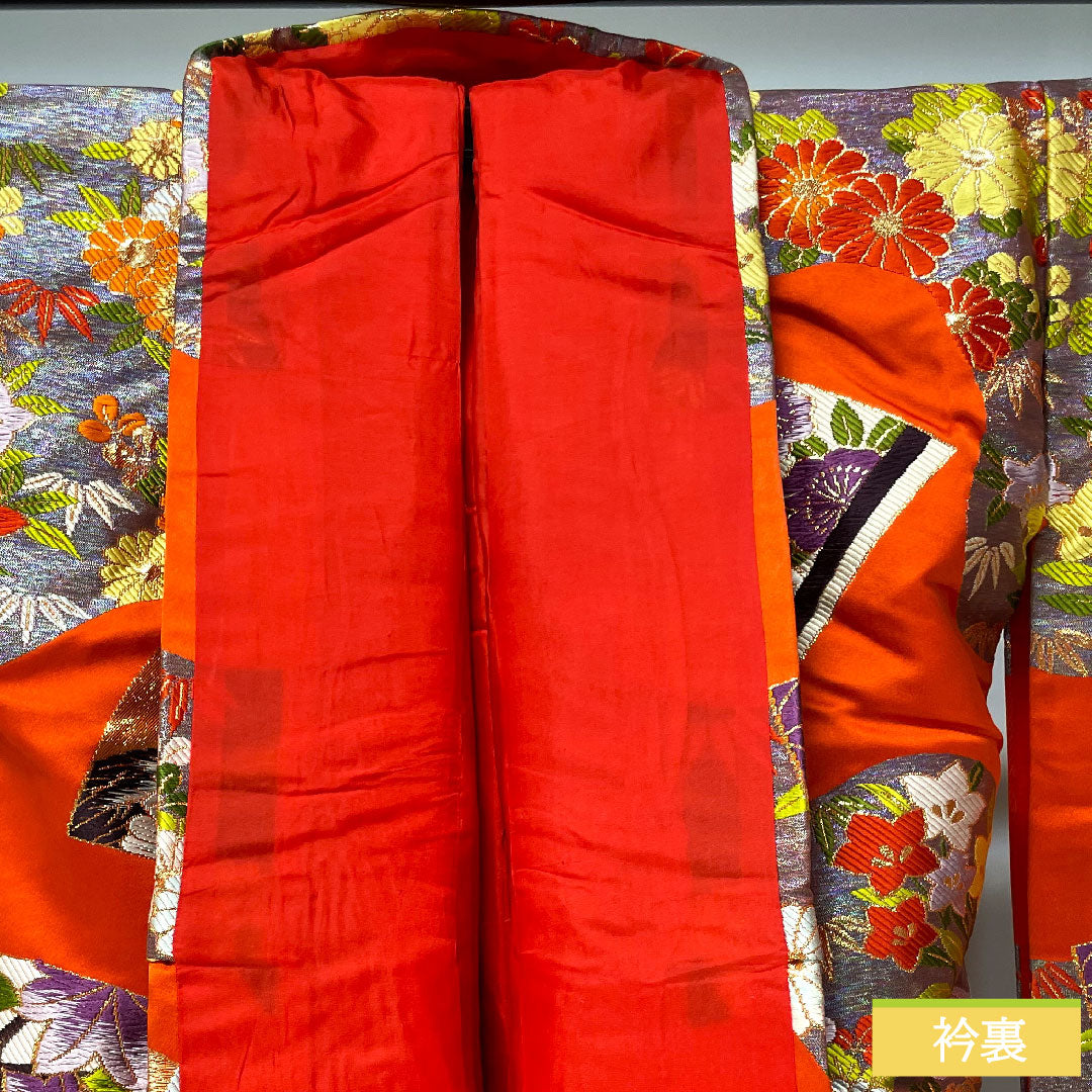 Colored uchikake, pure silk, length 185cm, sleeve length 66cm, maple leaf color, Karaori, auspicious motif, S rank, lined, vermilion, 1110000802916