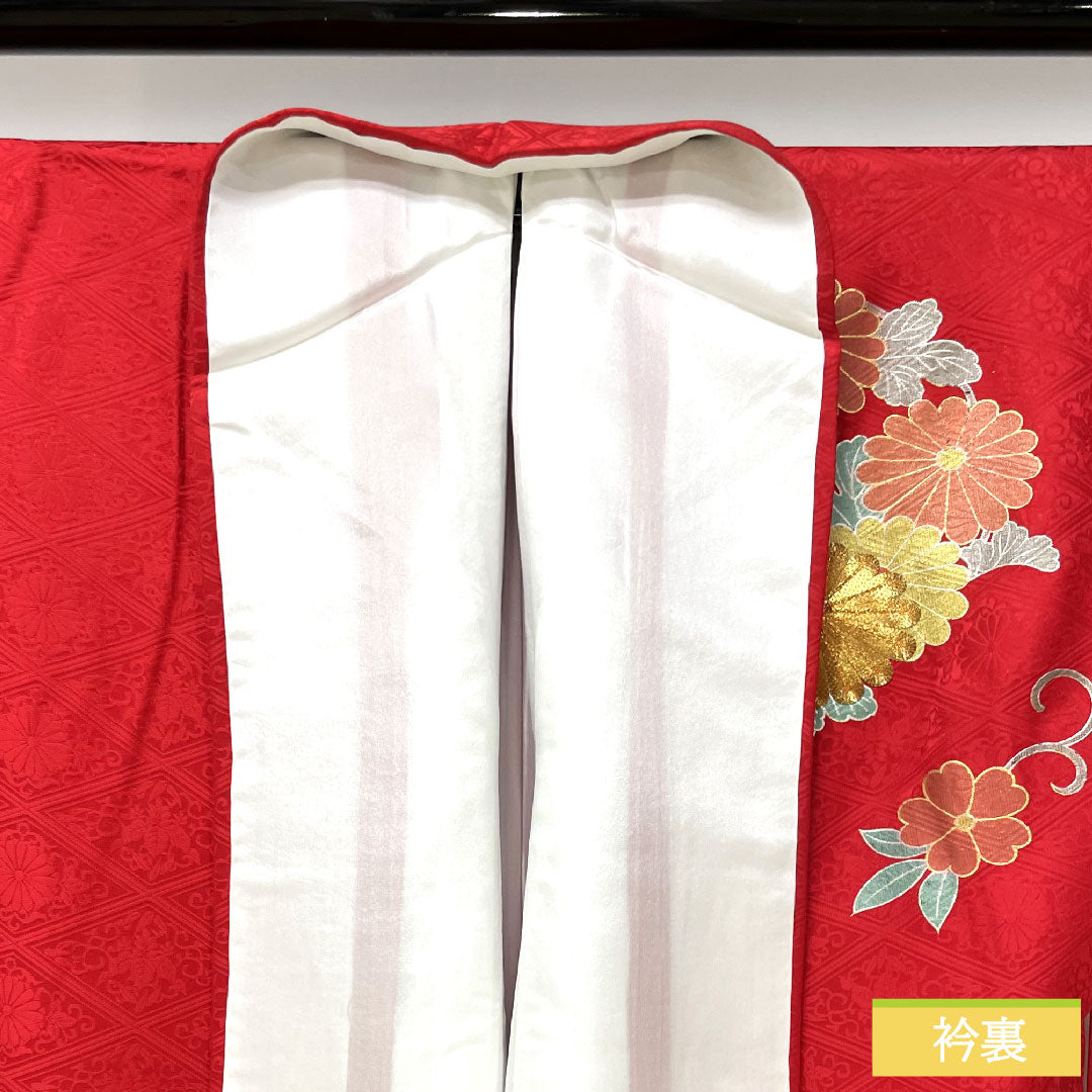 Furisode, pure silk, length 154.5cm, sleeve length 66cm, lined, Turkish red, Kyoto Yuzen, chrysanthemum, A rank, red, 1113001983212