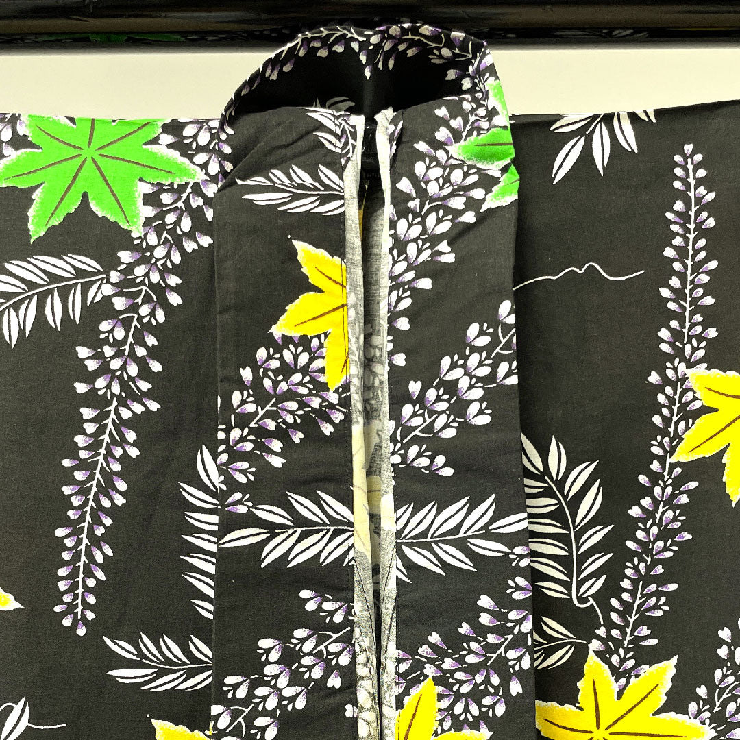 浴衣 藤 紅葉 木綿 Sランク 単衣 身丈166.5cm 裄丈64cm 黒系 1118003162510